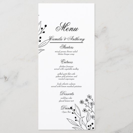 Menu Mariage Boho floral noir et blanc (Devant)