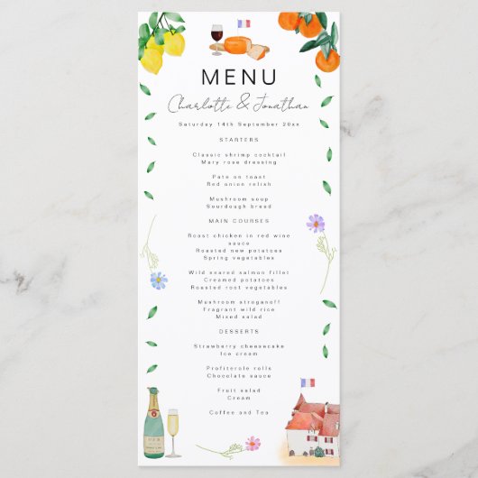 Menu Mariage Boho français Citrus (Devant)