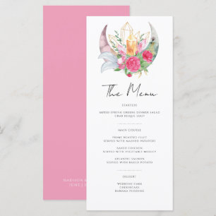 Menu Mariage Boho Lune Cristaux Plumes Fleurs Roses