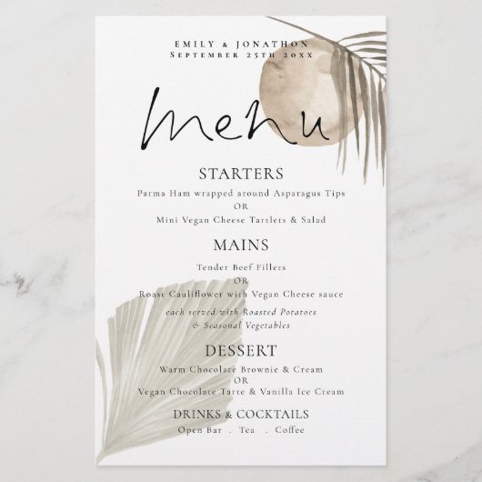 Menu Mariage Boho Pampas Grass Crème Budget (Devant)
