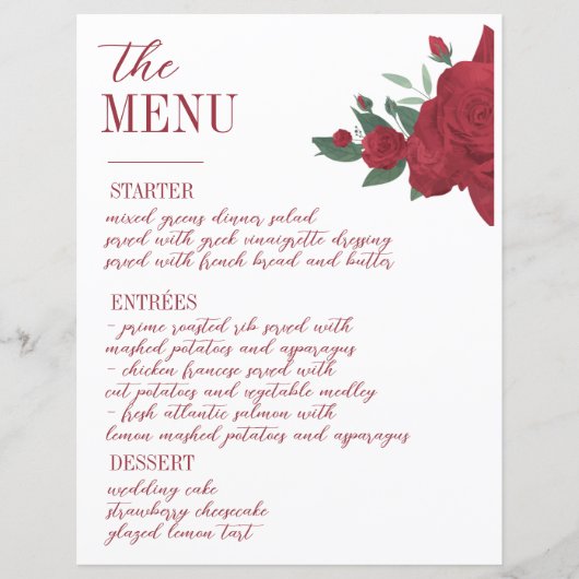 Menu Mariage Boho Roses rouges (Devant)