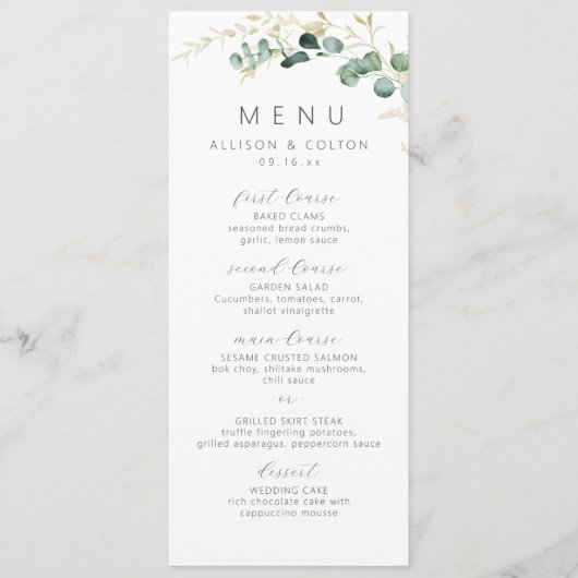 Menu Mariage boho rustique eucalyptus vert (Devant)