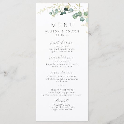 Menu Mariage boho rustique eucalyptus vert (Devant)