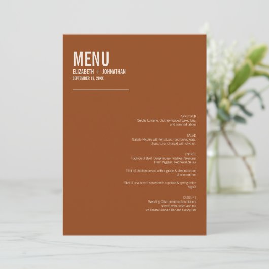 Menu Mariage Boho Terracotta Typographie (Debout devant)