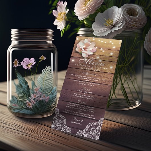 Menu mariage Bois rustique Floral String Lights