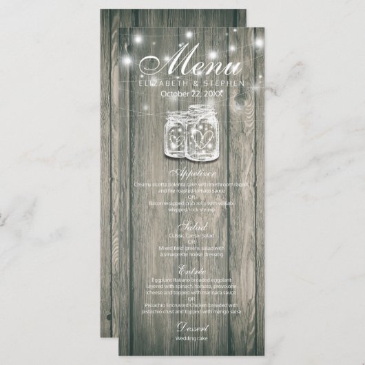Menu mariage Bois rustique & Mason Jar String Ligh (Devant / Derrière)