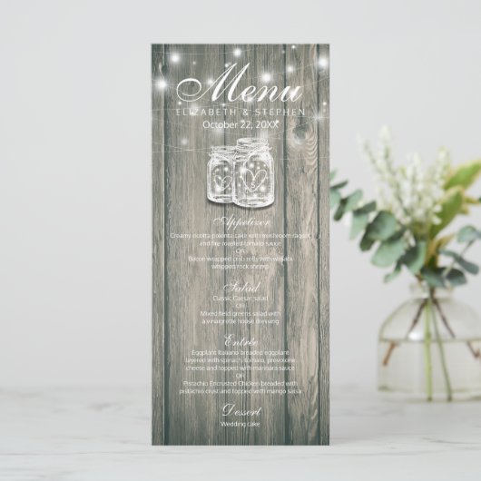 Menu mariage Bois rustique & Mason Jar String Ligh (Debout devant)