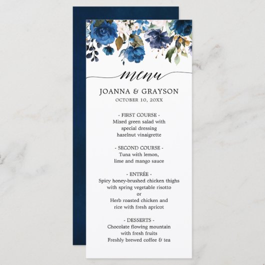 Menu Mariage botanique bleu bleu rose bleu marine (Devant / Derrière)