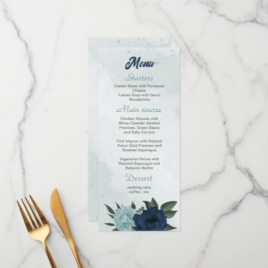 Menu Mariage botanique bleu et bleu marine (Devant/Arrière en situation)