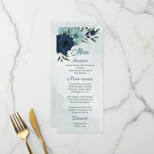 Menu Mariage botanique bleu et bleu marine (Devant/Arrière en situation)