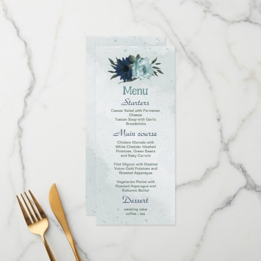 Menu Mariage botanique bleu et bleu marine (Devant/Arrière en situation)