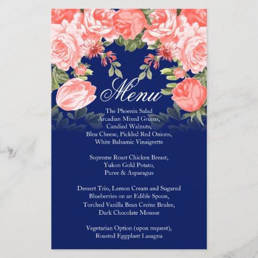 Menu Mariage Botanique Bleu foncé et Fleur de Cora (Devant)