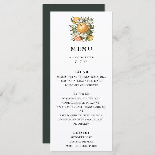 Menu Mariage botanique d'agrumes d'Orange (Devant / Derrière)
