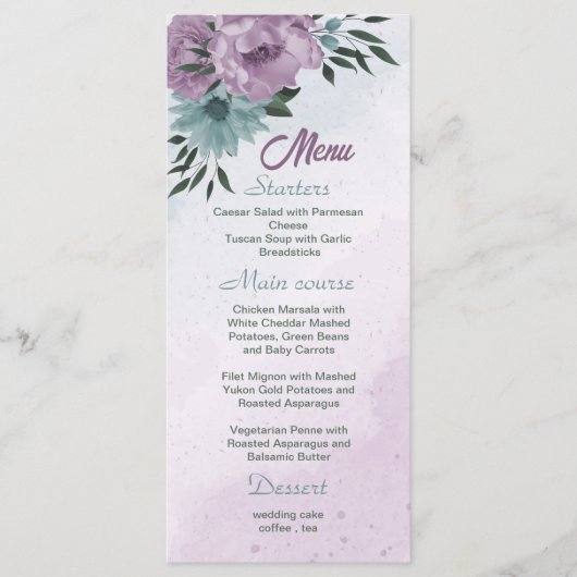 Menu mariage botanique de fleurs bleues violettes (Devant)