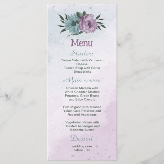 Menu mariage botanique de fleurs bleues violettes (Devant)