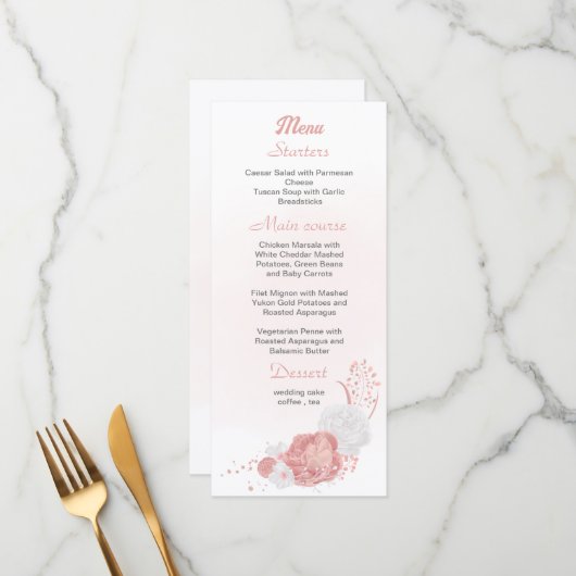 Menu mariage botanique de fleurs rose et blanche (Devant/Arrière en situation)