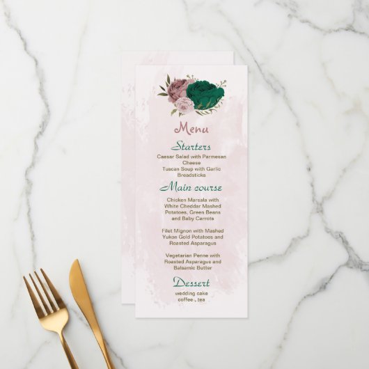 Menu mariage botanique des fleurs vert émeraude rose (Devant/Arrière en situation)