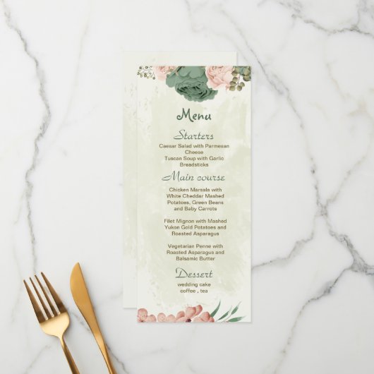 Menu mariage botanique des fleurs vert sauge (Devant/Arrière en situation)