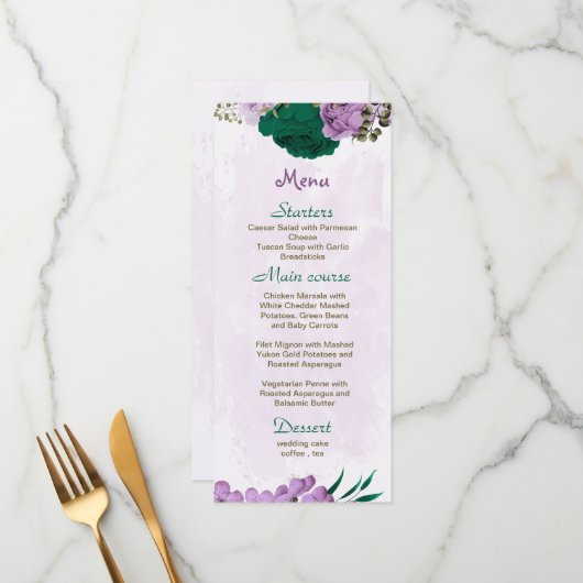 Menu mariage botanique des fleurs violettes vert émerau (Devant/Arrière en situation)