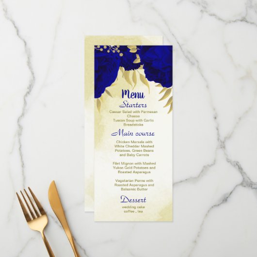 Menu Mariage botanique d'or des fleurs bleues royales (Devant/Arrière en situation)