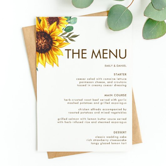 Menu Mariage botanique floral de tournesol moderne