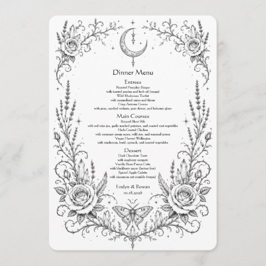 Menu Mariage Botanique Gothique Noir et Blanc Dîner (Devant)