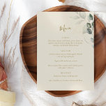 Menu Mariage botanique minimaliste Boho Green Eucalyptu<br><div class="desc">Ce beau menu mariage présente une esthétique boho avec une feuille botanique minimaliste d'eucalyptus,  une typographie moderne et une palette naturelle de couleurs terreuses organiques. Modifiez facilement le texte pour customiser à votre événement.</div>