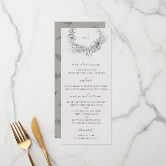 Menu Mariage Botanique Minimaliste d'Art Fin (Devant/Arrière en situation)