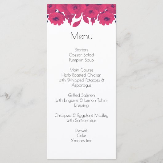 Menu Mariage botanique rose foncé et rose chaud (Devant)