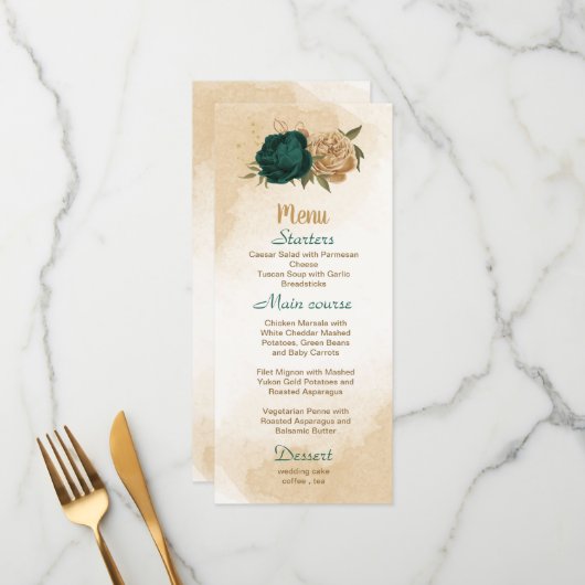 Menu Mariage botanique vert émeraude beige or (Devant/Arrière en situation)