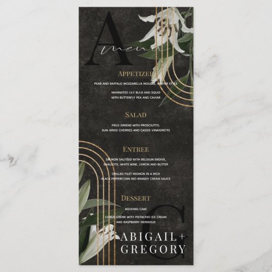 Menu Mariage botanique vert Moody Black foncé (Devant)