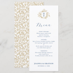 Menu Mariage botanique vintage bleu et or