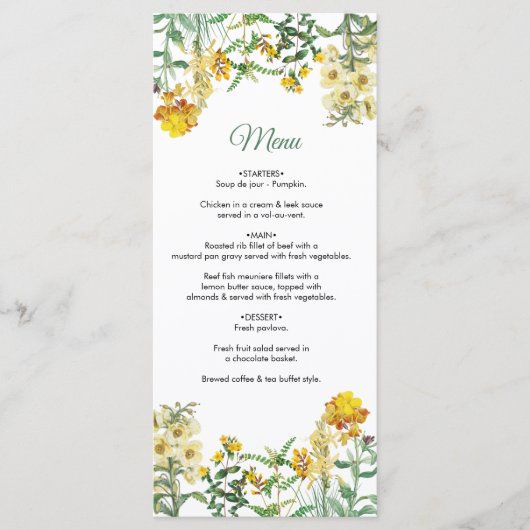 Menu Mariage botanique vintage jaune Aquarelle (Devant)
