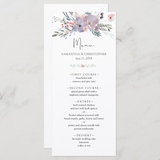 Menu Mariage Bouquet Fleur sauvage aquarelle (Devant / Derrière)
