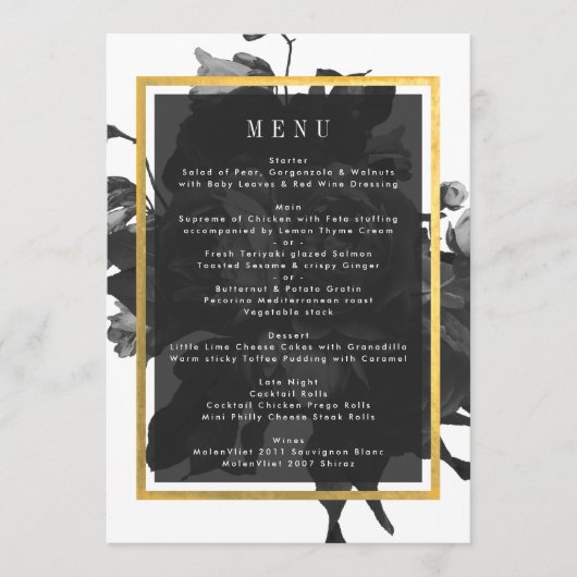 Menu Mariage Bouquet Rose or noir (Devant)