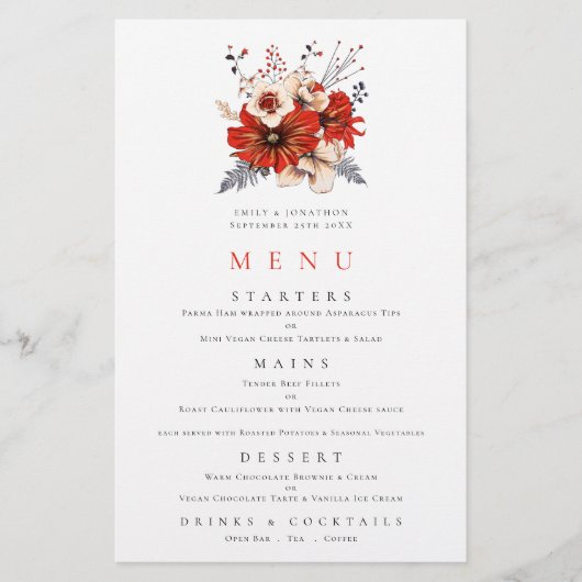 Menu Mariage Budget Floraux rouges Folift (Devant)