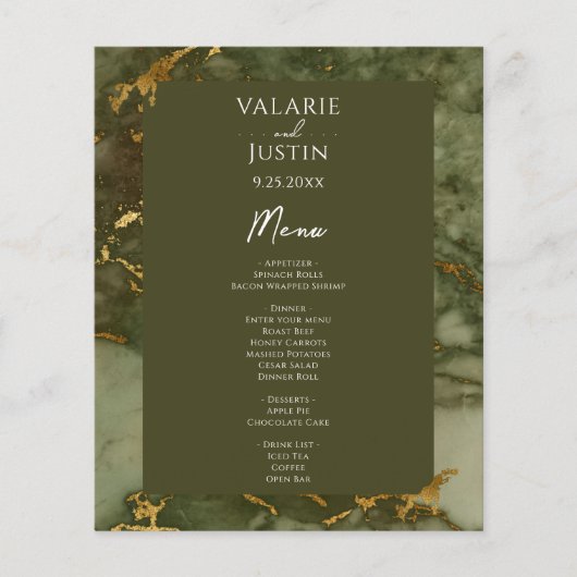 Menu Mariage budget marbre vert et or (Devant)
