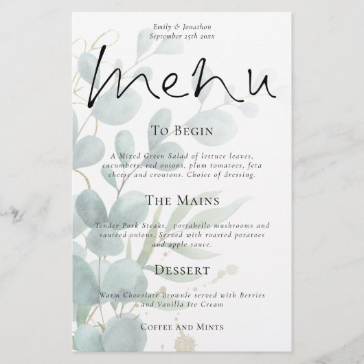 Menu Mariage Budget Modern Eucalyptus Script (Devant)