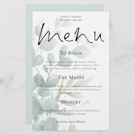 Menu Mariage Budget Modern Eucalyptus Script (Devant / Derrière)