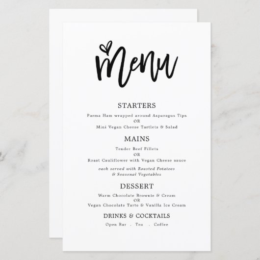 Menu Mariage Budget Trendy Artsy Script Texte uniq (Devant / Derrière)
