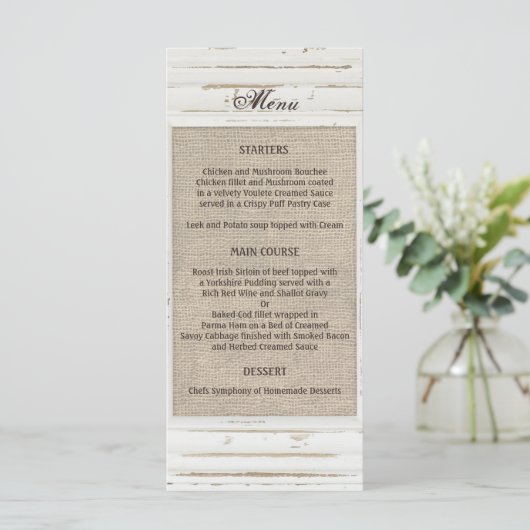 Menu Mariage Burlap de cadre rustique blanc (Debout devant)