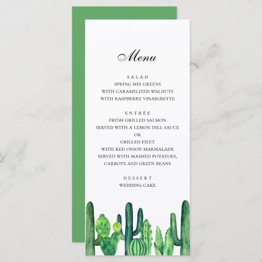 Menu mariage cactus vert. Menu du dîner cactus (Devant / Derrière)