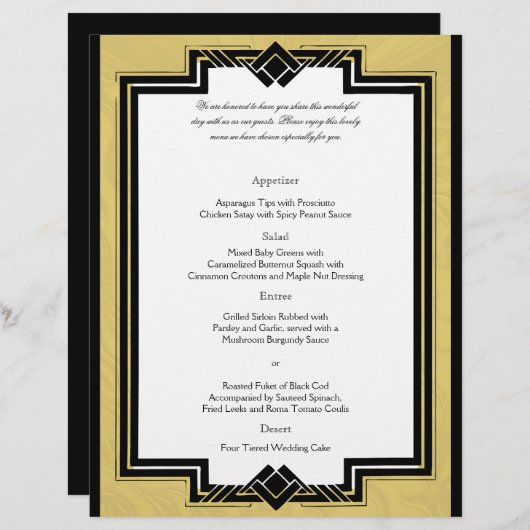 Menu Mariage Cadre Art Déco Black White Gold (Devant / Derrière)
