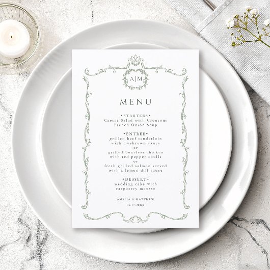 Menu Mariage Cadre Moderne Classique Français Vert Saug