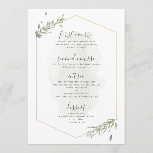 Menu Mariage Cadre Or Vert Foliage Moderne (Devant)
