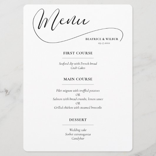 Menu Mariage calligraphié élégant et romantique (Devant)