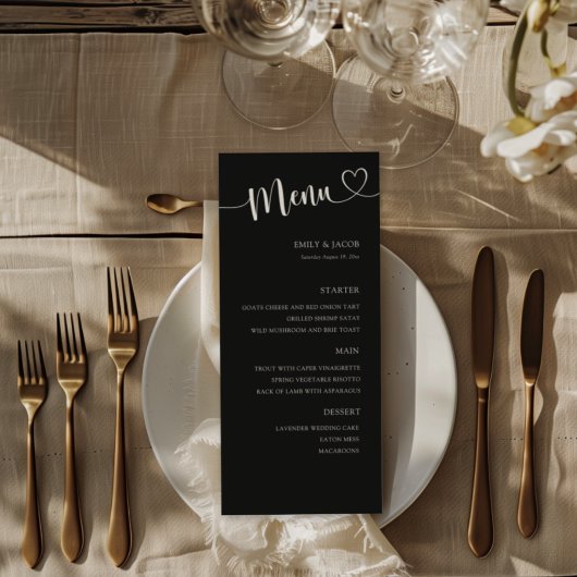 Menu Mariage calligraphié moderne noir et blanc
