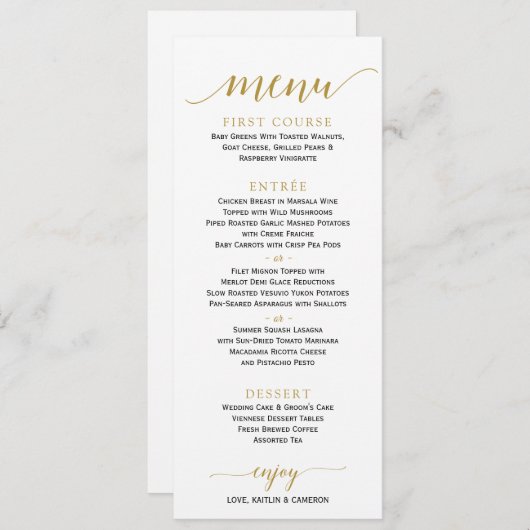 Menu Mariage Calligraphie romantique | 4 x 9 | Or (Devant / Derrière)