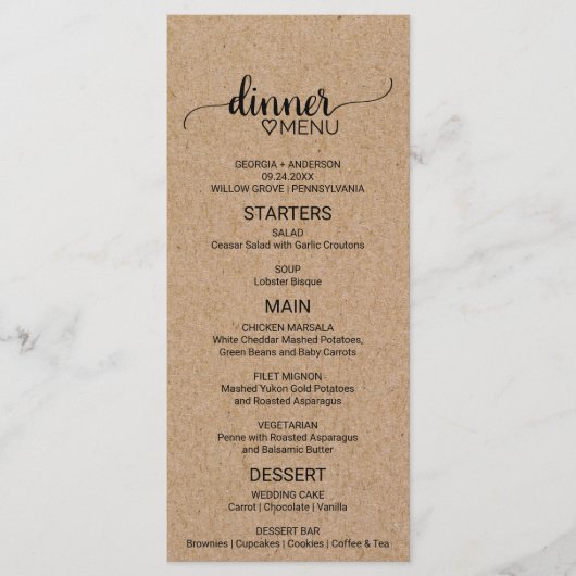 Menu Mariage Calligraphie Simple Faux Kraft (Devant)