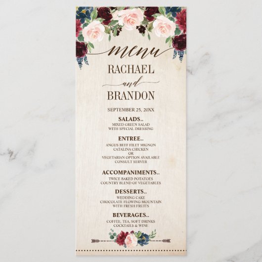 Menu Mariage campagnard de Boho Rustique Floral de la m (Devant)